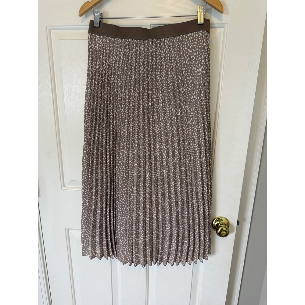 Vince Camuto Pleated Midi Skirt Medium Brown White Dot Dalmatian Print NWT